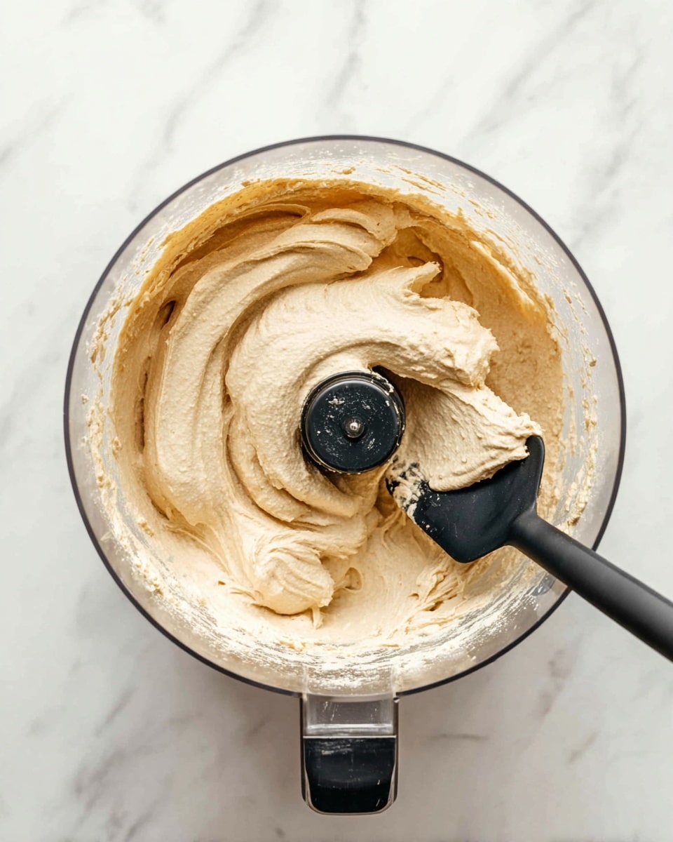 A clear food processor bowl filled with a thick, light beige creamy mixture that has a smooth and slightly whipped texture. A black spatula is scooping some of the creamy mix from the bowl's right side. The food processor bowl is placed on a white marbled surface, showing some splashes of the mixture on the sides. The view is from above, focused on the mixture and tool inside the bowl photo taken with an iphone --ar 4:5 --v 7