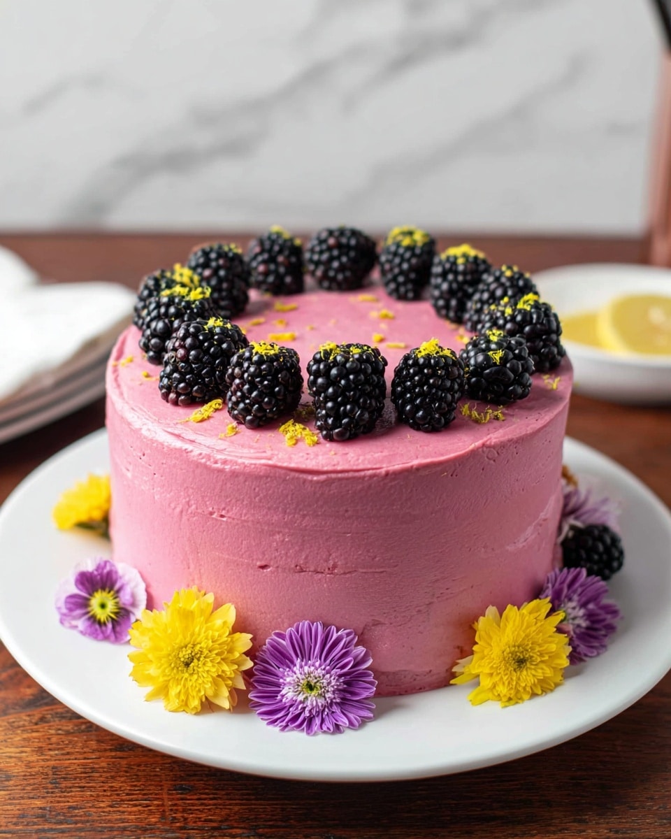 A round cake with two layers is covered smoothly in thick, bright pink frosting. On top, a ring of shiny blackberries is placed close to the edge, each berry dark and bumpy. Small yellow zest pieces are scattered lightly on the frosting and some are on the blackberries. Bright purple and yellow flowers decorate the cake’s top and are also arranged around the base on the white plate. The cake sits on a white plate on a wooden table with a white marbled texture surface in the background. Photo taken with an iphone --ar 4:5 --v 7