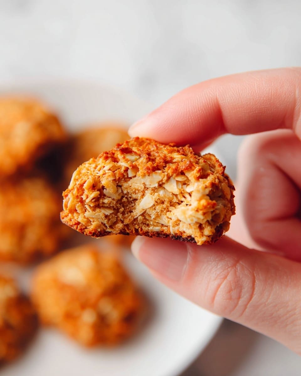 A close-up image shows a woman's hand holding a small, round, textured cookie with a visible bite taken out of it. The cookie has a layered look with rough, crunchy pieces in light golden brown and off-white shades, highlighting a mix of oats or flakes tightly packed together. The soft interior contrasts with the crisp appearance of the outer parts. In the background, a white plate with more cookies can be seen, all placed on a white marbled surface. The photo focuses sharply on the cookie and the fingers, capturing fine details of their texture and color, giving a warm and fresh feeling. photo taken with an iphone --ar 4:5 --v 7
