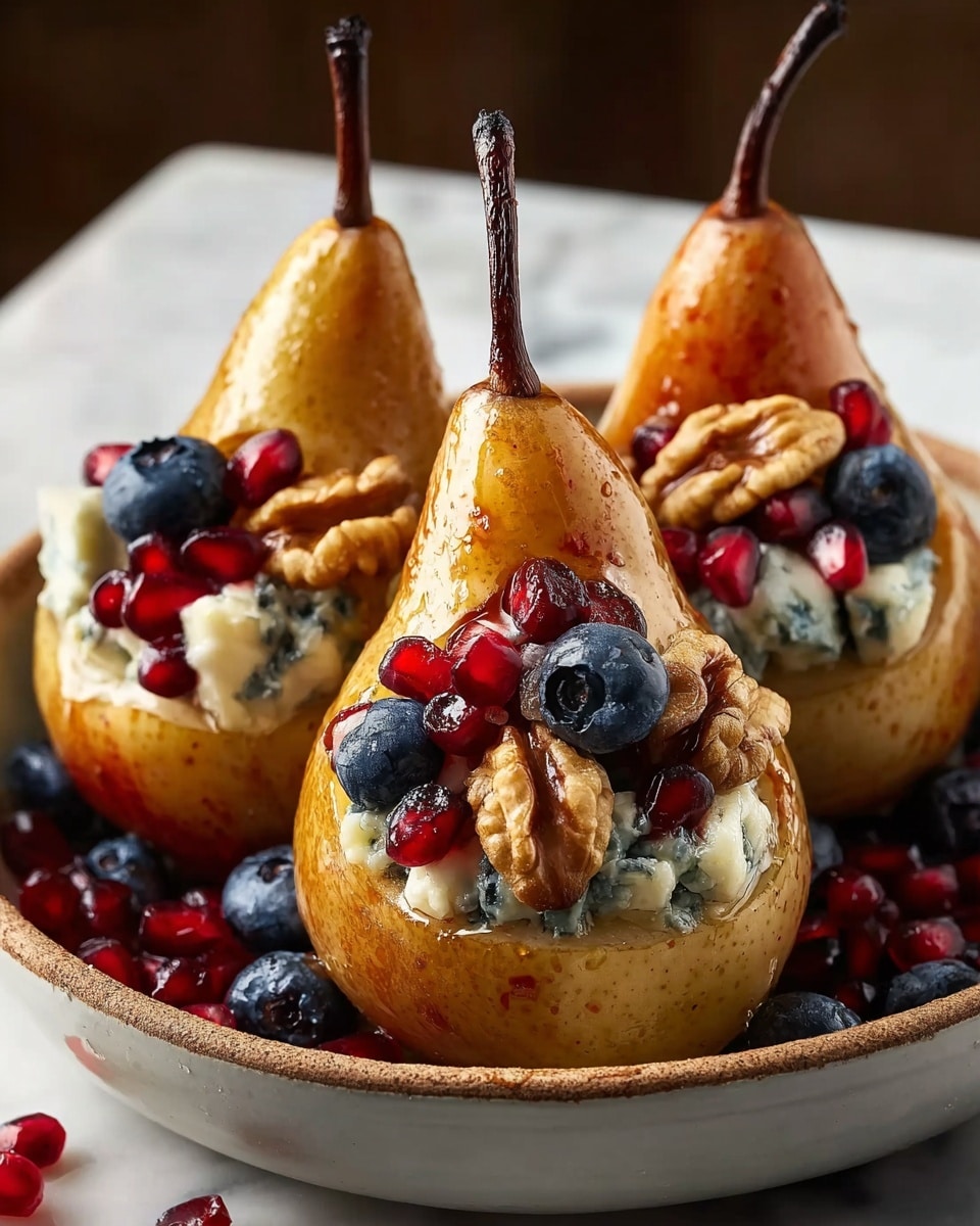 Three golden baked pears are arranged upright in a round white bowl, each pear hollowed in the center and filled with layers of light blue veined cheese, deep red pomegranate seeds, dark blue blueberries, and light brown walnut halves. The pears have a shiny glazed texture and their stems are dark brown. Around the pears inside the bowl are scattered more pomegranate seeds and blueberries, adding bright red and blue colors. The bowl sits on a white marbled surface, giving a clean and simple background. photo taken with an iphone --ar 4:5 --v 7