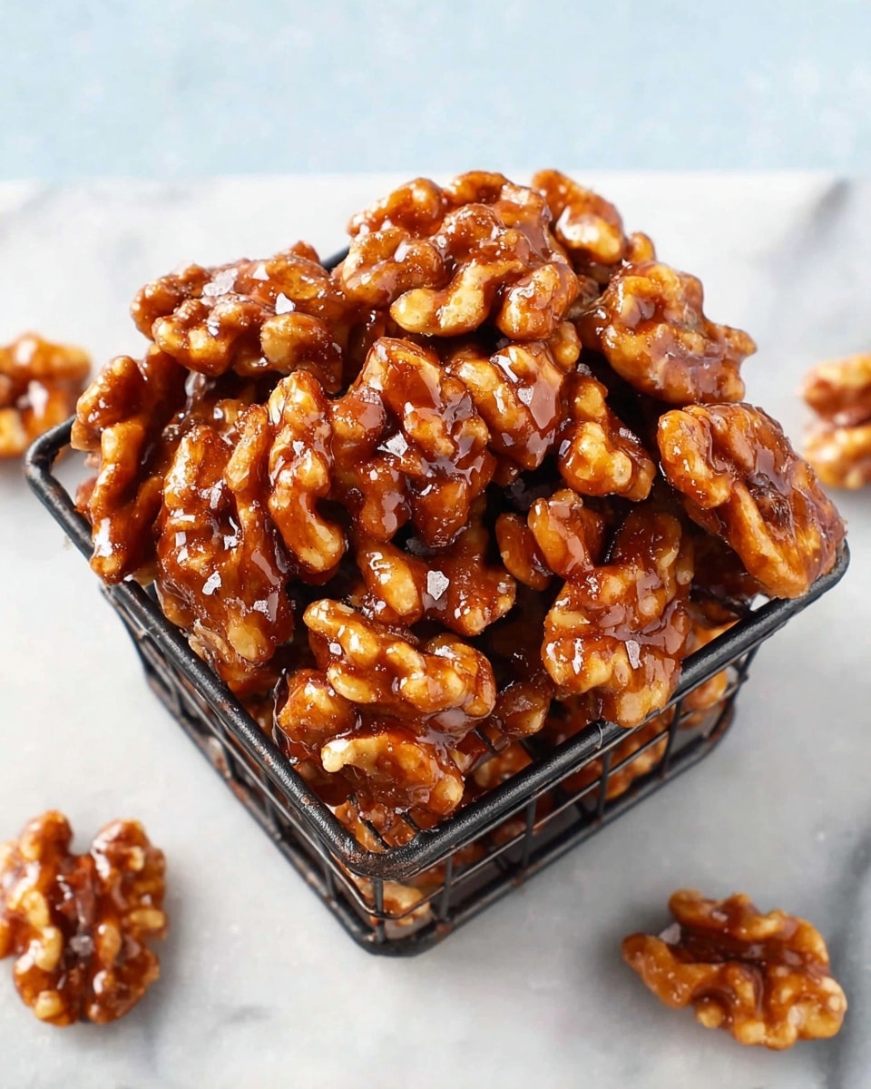 A small, square black metal basket filled with shiny caramel-coated walnuts, piled high with a rich, glossy brown coating that adds a sticky texture with some visible granules of salt on top. The walnuts have uneven shapes and curves, showing a rough, ridged detail, with a few scattered pieces outside the basket on a white marbled surface. The overall look is warm and inviting with the nuts tightly packed inside the basket. Photo taken with an iphone --ar 4:5 --v 7