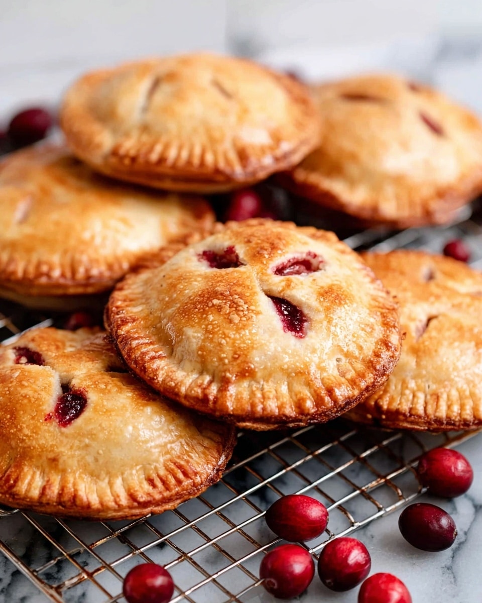 A group of small round hand pies with a golden brown, flaky crust sits on a metal cooling rack, each pie showing a small X-shaped cut on top with red fruit filling peeking through. The edges of the pies are crimped with fork marks, giving a textured border. Bright red whole cranberries are scattered around and under the pies on the rack. The image is set against a simple white marbled surface. Photo taken with an iphone --ar 4:5 --v 7
