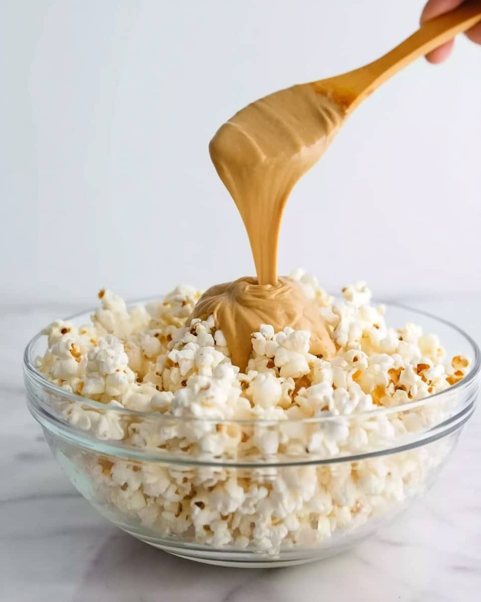 The image shows a clear glass bowl filled with white, fluffy popcorn. A thick light brown sauce is being poured from a yellow wooden spoon over the popcorn at the center of the bowl. The popcorn has a crisp texture with some popped kernels visible, and the sauce looks smooth and creamy as it flows gently onto the popcorn. The bowl is placed on a white marbled surface with a plain white background. A woman's hand is partially visible holding the wooden spoon above the bowl. photo taken with an iphone --ar 4:5 --v 7