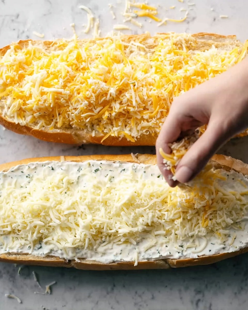 The image shows two halves of a long white bread loaf on a white marbled surface. The bottom half is covered with a thick layer of creamy white sauce sprinkled with herbs, while a woman's hand sprinkles a mix of shredded yellow and white cheese evenly on top of the sauce. The top half of the loaf is fully covered with the same blend of shredded cheese, showing a loose, soft texture. The scene is bright and clear, with the details of the cheese and sauce visible. Photo taken with an iphone --ar 4:5 --v 7