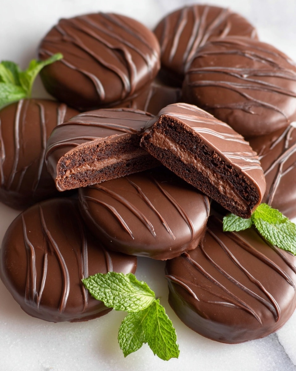 A group of round chocolate cookies is spread on a white marbled surface, each covered with smooth dark chocolate and decorated with thin swirls of lighter milk chocolate on top. One cookie is broken in half to show its inside, revealing two thick layers of dark chocolate cake with a thin layer of chocolate filling between them. In the middle of the arrangement, fresh green mint leaves add a bright contrast to the brown shades of the cookies. photo taken with an iphone --ar 4:5 --v 7