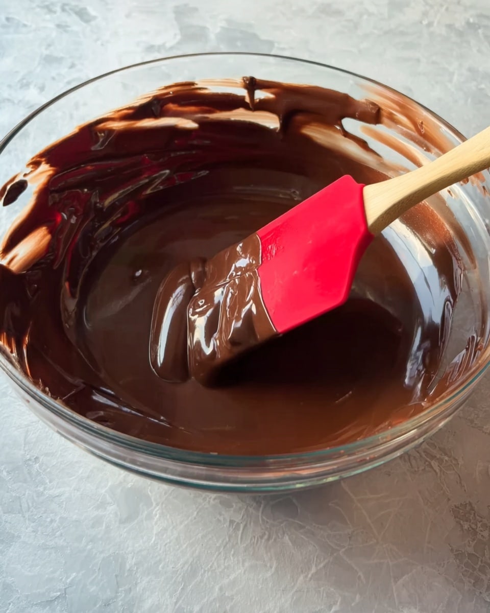 A clear glass bowl filled with smooth, shiny melted chocolate of rich dark brown color, with a red silicone spatula mixing the chocolate inside. The spatula has some chocolate stuck on it and is held by a wooden handle, positioned slightly tilted towards the right. The background is a white marbled texture with soft light reflections on the bowl and chocolate surface. Photo taken with an iphone --ar 4:5 --v 7