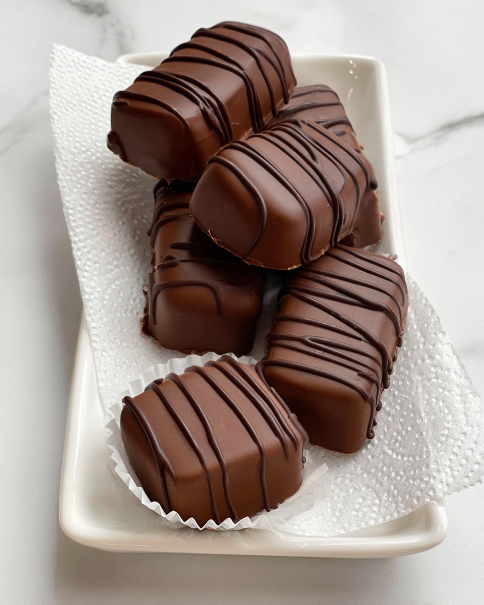 The image shows five rectangular chocolate treats covered in smooth dark chocolate with thin darker chocolate lines drizzled on top. Four of the chocolates are stacked and touch each other on a textured white rectangular plate, while one sits separately in a white fluted paper cup near the center. The plate is placed on a white marbled surface, giving a clean and simple background. The chocolates have a shiny, glossy look with slight soft edges and a rich brown color. photo taken with an iphone --ar 4:5 --v 7