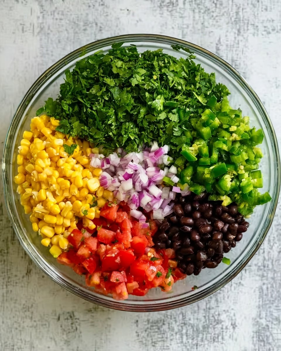 A clear glass bowl filled with six different colorful ingredients arranged in neat sections: bright green chopped cilantro covers about one-third of the bowl at the top, next to a pile of finely chopped dark green jalapeños on the right, a small mound of light purple diced onions below them, a cluster of small black beans occupies the bottom right, bright yellow corn kernels sit next to the beans on the bottom left, and diced red tomatoes fill the remaining space on the left. All ingredients have a fresh and vibrant look, sitting on a white marbled surface. Photo taken with an iphone --ar 4:5 --v 7