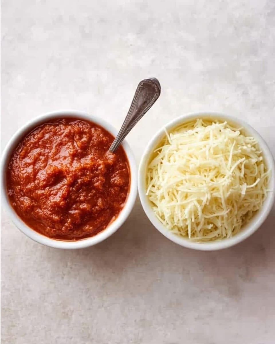 Two small white bowls sit side by side on a white marbled surface. The bowl on the left holds a thick, red sauce with a slightly chunky texture, and a spoon rests inside it. The bowl on the right is filled with finely shredded pale yellow cheese that has a soft, fluffy appearance. photo taken with an iphone --ar 4:5 --v 7