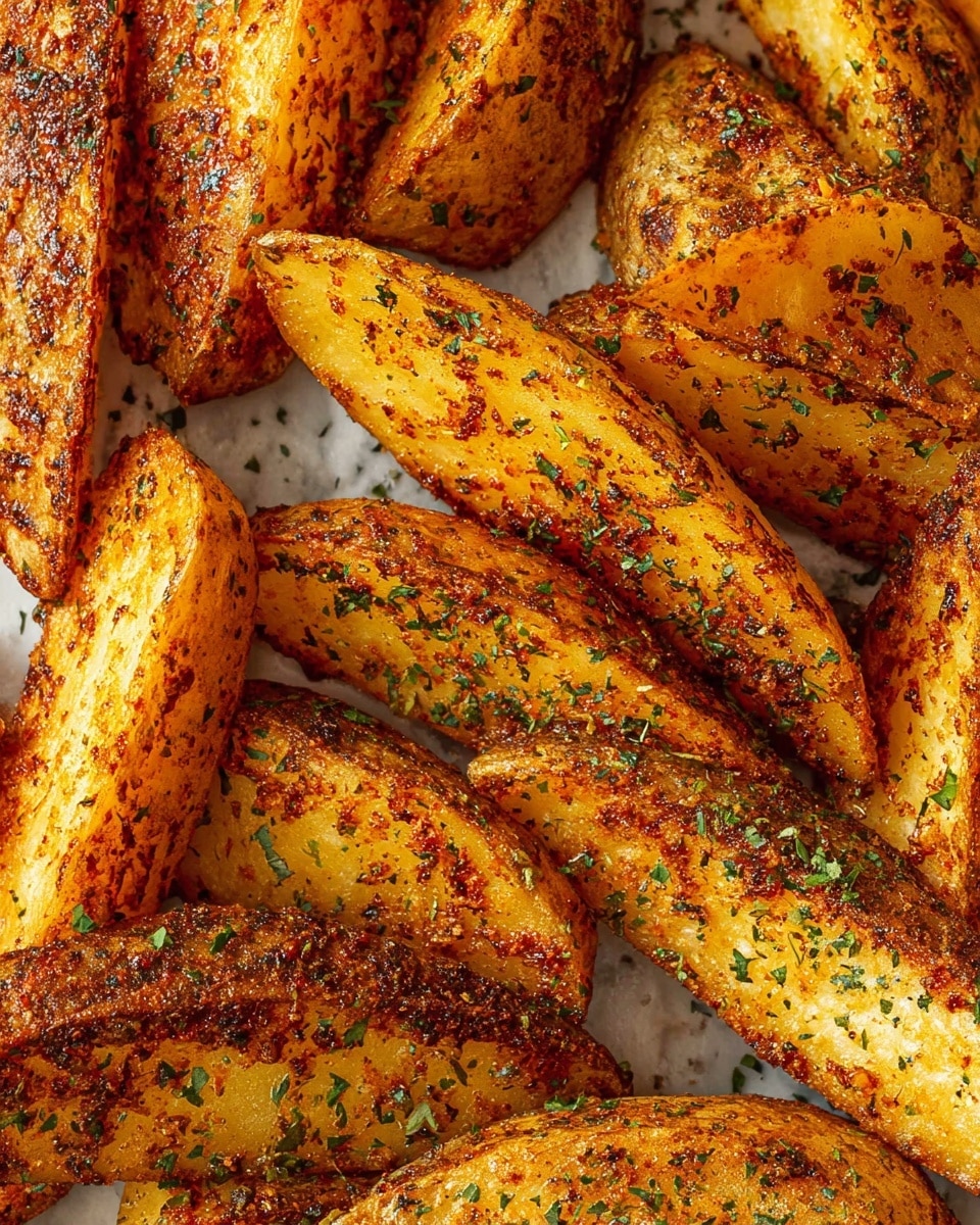 A white bowl filled with golden-brown potato wedges covered in a sprinkle of green herbs and seasoning, showing a crispy texture on the outside. The potato wedges are layered unevenly, some on top and some beneath, with specks of black pepper and herbs scattered throughout. The bowl sits on a white marbled surface. photo taken with an iphone --ar 4:5 --v 7