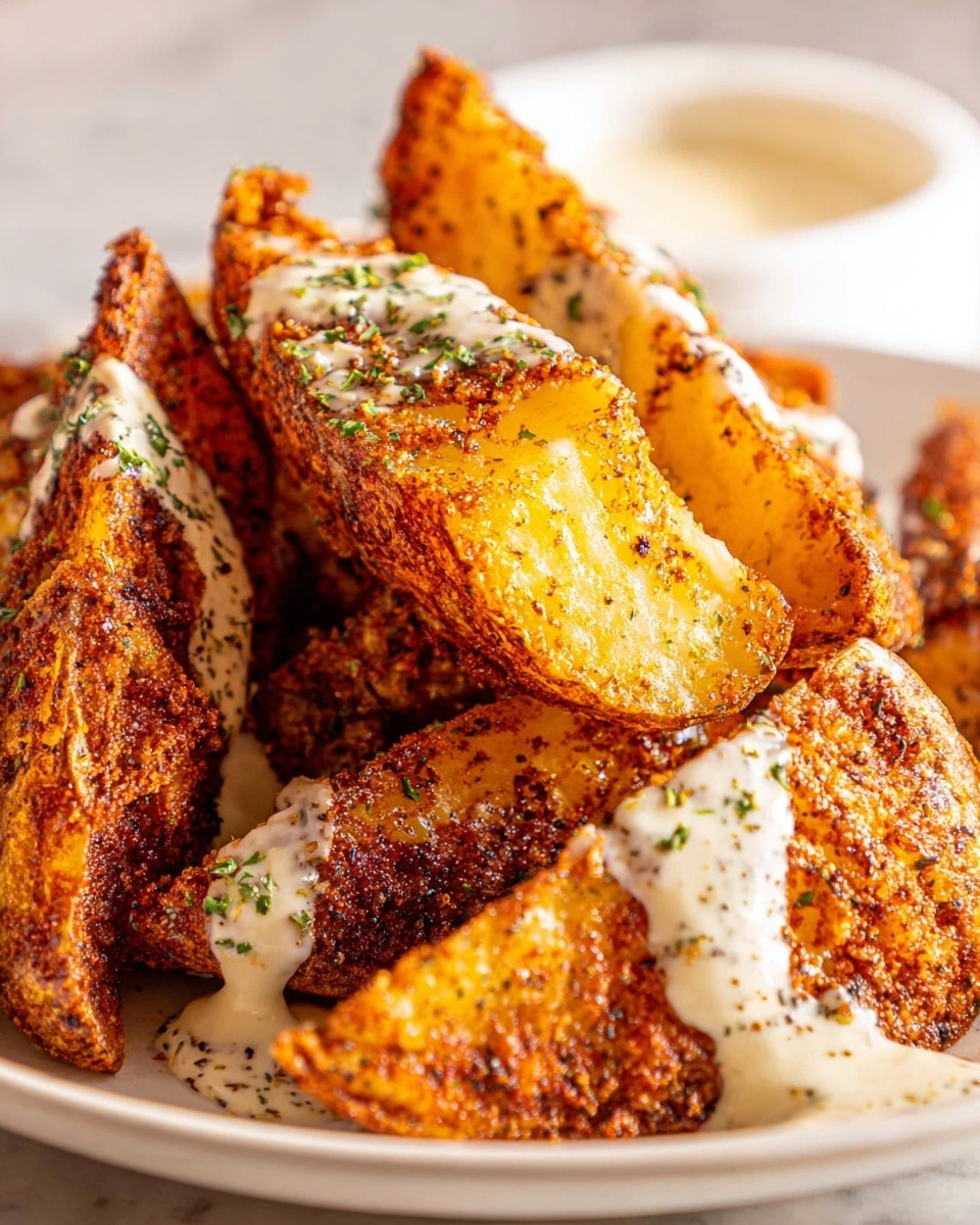 A close-up of many crispy potato wedges stacked together, each wedge golden brown with a rich, slightly rough texture showing spices and herbs. The wedges have a crunchy, seasoned surface with dark orange and brown tones, sprinkled with green dried parsley flakes. The background is a white marbled texture that contrasts with the warm colors of the wedges. photo taken with an iphone --ar 4:5 --v 7