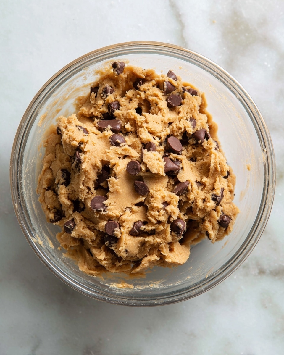 A clear glass bowl filled with light brown cookie dough mixed with many small dark brown chocolate chips spread throughout. The dough looks soft and slightly crumbly, sitting in a rough mound inside the bowl. The bowl is placed on a surface with a white marbled texture. Photo taken with an iphone --ar 4:5 --v 7