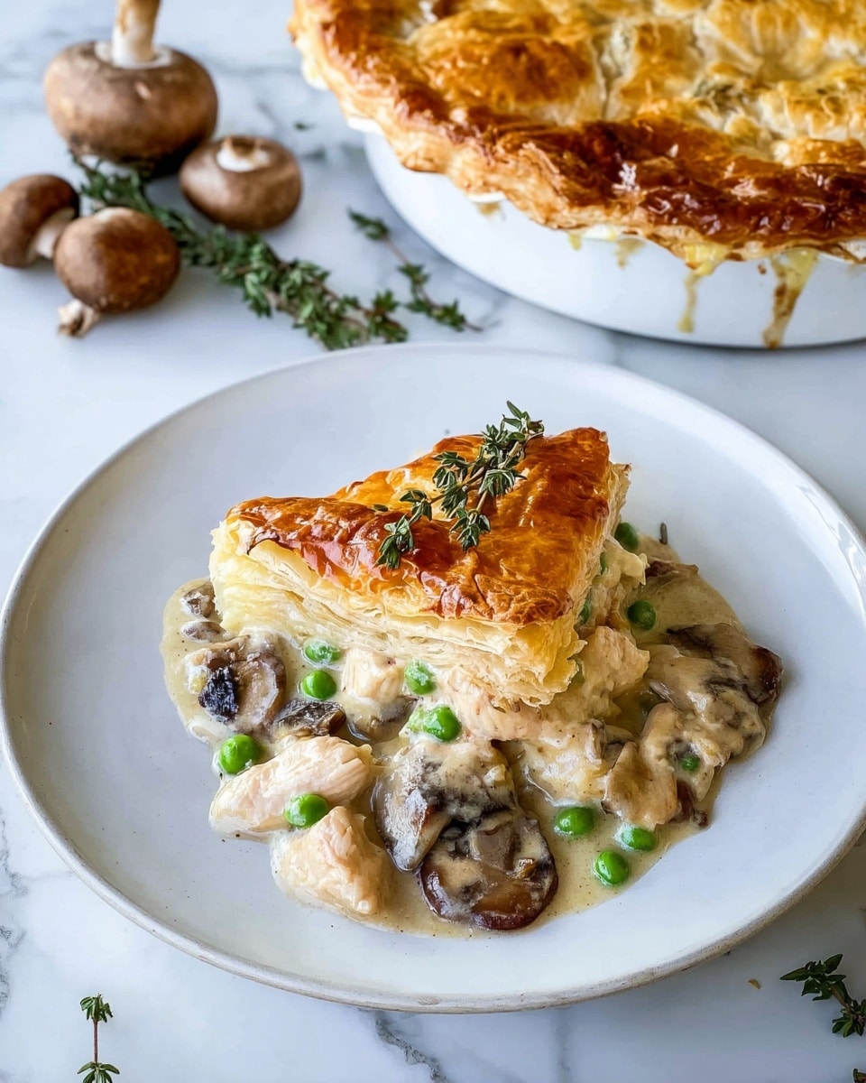 The image shows a white plate with a layered chicken pot pie slice on top. The bottom layer contains a creamy sauce with green peas and sliced brown mushrooms scattered around. Above that, chunks of chicken pieces are mixed with the sauce and vegetables. The top layer is a golden-brown, flaky puff pastry crust with a slightly uneven, crispy texture, garnished with a small green thyme sprig. In the background, there is a round white baking dish holding the rest of the pot pie with a similarly golden crust, as well as a few whole brown mushrooms and sprigs of green herbs on a white marbled surface. photo taken with an iphone --ar 4:5 --v 7