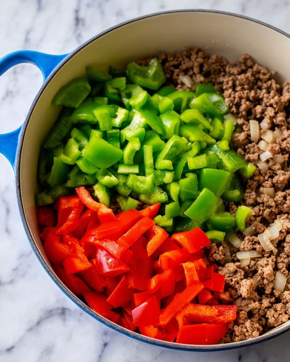 This image shows a white pot with three main layers inside. The bottom left part is filled with cooked ground beef, brown in color with small pieces of translucent onions mixed in. On the top half, there are bright green chopped bell peppers with a shiny, fresh texture. To the bottom right, there are chopped red bell peppers, glossy and vibrant. The pot has a blue outer edge, and it sits on a white marbled surface. Photo taken with an iphone --ar 4:5 --v 7