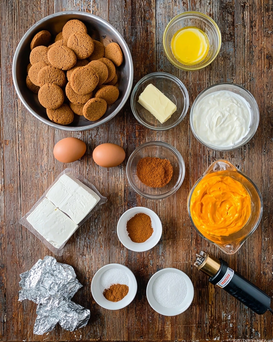 The image shows several ingredients arranged neatly on a worn wooden surface, now described as white marbled texture. In the top left is a large metal bowl filled with small round ginger snap cookies that are light brown with a cracked texture. Next to it, there is a small glass bowl containing melted butter that looks yellow and smooth. To the right, a tiny white bowl holds a small amount of ground cinnamon, orange-brown in color. Below, there is a small glass bowl with two whole eggs, brown and smooth. In the center, another small glass bowl contains thick white sour cream with a creamy texture. On the right, a clear pitcher has bright orange pumpkin puree with a slightly chunky surface. Two wrapped blocks of cream cheese in silver foil lie next to the pitcher. At the bottom left is a clear measuring cup filled with white granulated sugar. Nearby, small white bowls hold baking powder, a cinnamon and sugar mix, and ground nutmeg from left to right. Lastly, a black cooking torch with a brass nozzle is placed at the bottom right corner. Photo taken with an iphone --ar 4:5 --v 7