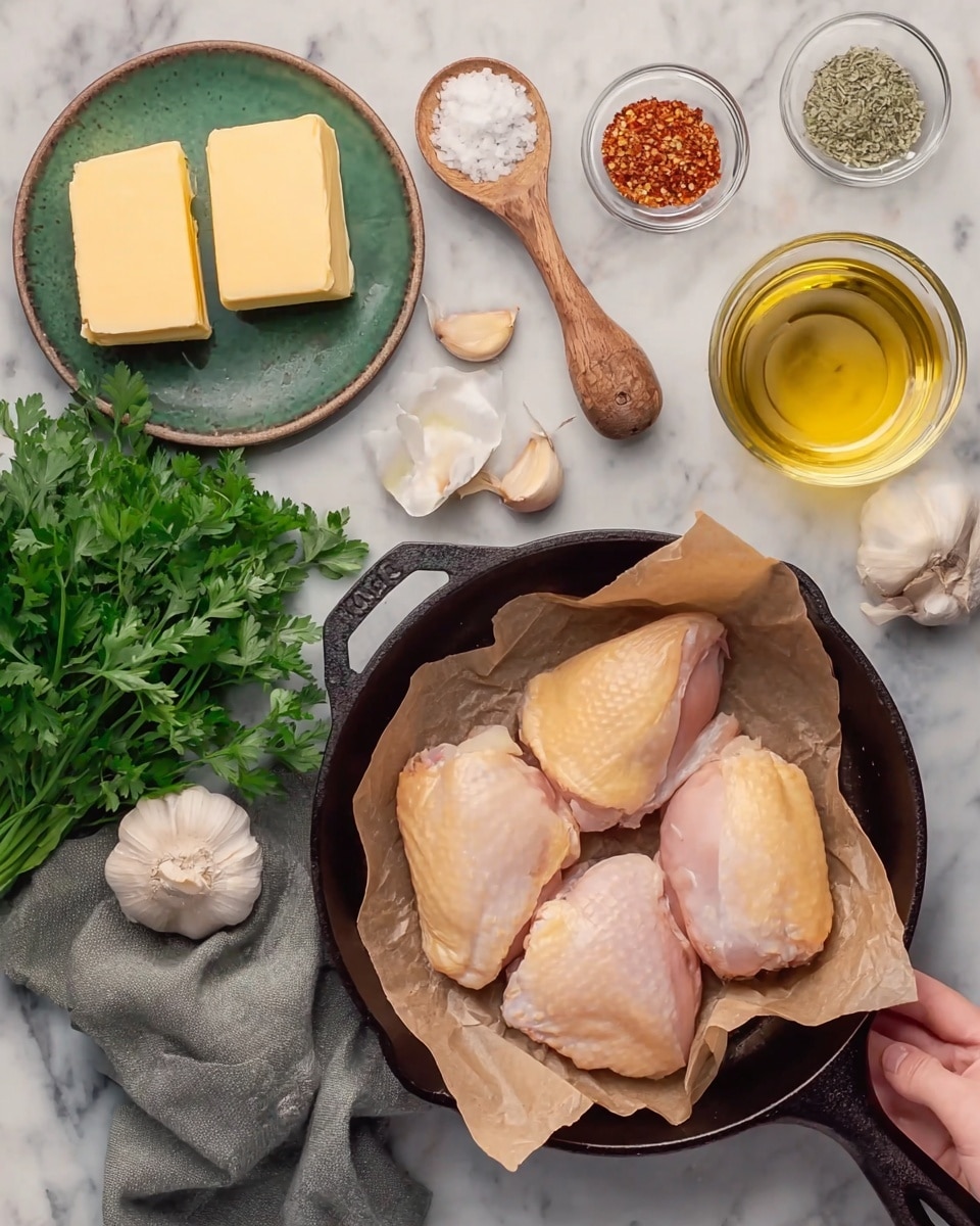 The image shows four raw chicken pieces placed on brown parchment paper inside a black cast iron skillet on a white marbled surface. To the left of the skillet, there is a green plate with three blocks of yellow butter. Above the butter, a bunch of fresh green parsley rests on a gray cloth. Next to the parsley, there are small glass bowls containing red spice and coarse salt. A wooden spoon holds a mix of white salt and crushed pepper. There are whole and peeled garlic cloves scattered between a bulb of garlic and two glass containers, one filled with a light golden liquid and the other with a clear light broth. A woman's hand is holding the skillet handle at the bottom right of the image. Photo taken with an iphone --ar 4:5 --v 7