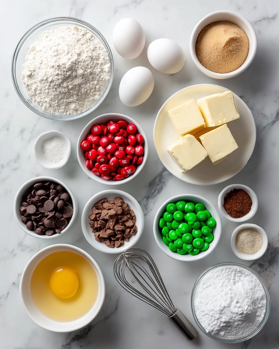 The image shows multiple bowls and plates arranged on a white marbled surface, each holding different baking ingredients. There are four white eggs near the top middle, with two small white bowls of dark brown chocolate chips placed around them; one to the right and one below. A glass bowl filled with white flour sits on the left side, next to a white bowl filled with light brown sugar. Near the center right, a small white plate holds two blocks of butter. Two small white bowls containing red and green M&M candies are located near the bottom center. A white bowl filled with granulated white sugar is near the bottom right. There are also two small white dishes containing brown spices and a small white dish with vanilla extract near the top right. A small white bowl with beaten yellow eggs is centrally placed above the sugar bowl, and a metal whisk lies on the bottom right side. Photo taken with an iphone --ar 4:5 --v 7