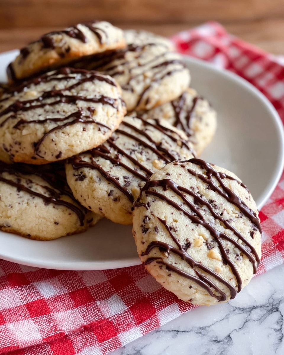 A close-up image shows several round cookies with a light beige color and dark specks inside, suggesting bits of chocolate or nuts. Each cookie is topped with thin dark chocolate drizzle in wavy lines. One cookie lies on a red and white checkered cloth on a wooden surface, while the rest are on a white plate beside it. The background is a white marbled texture. photo taken with an iphone --ar 4:5 --v 7