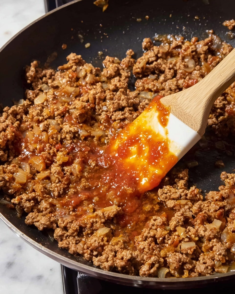 A close-up view of a black pan filled with cooked ground meat mixed with small pieces of translucent onions. The meat is brown and crumbly, with some reddish-orange sauce pooling and partially mixed in the center and right side of the pan. A wooden spoon with a white silicone tip stirs the mixture from the top right corner, with some sauce dripping on the silicone tip, showing a glossy texture. The pan sits on a stovetop, and the surrounding area has a white marbled texture. photo taken with an iphone --ar 4:5 --v 7