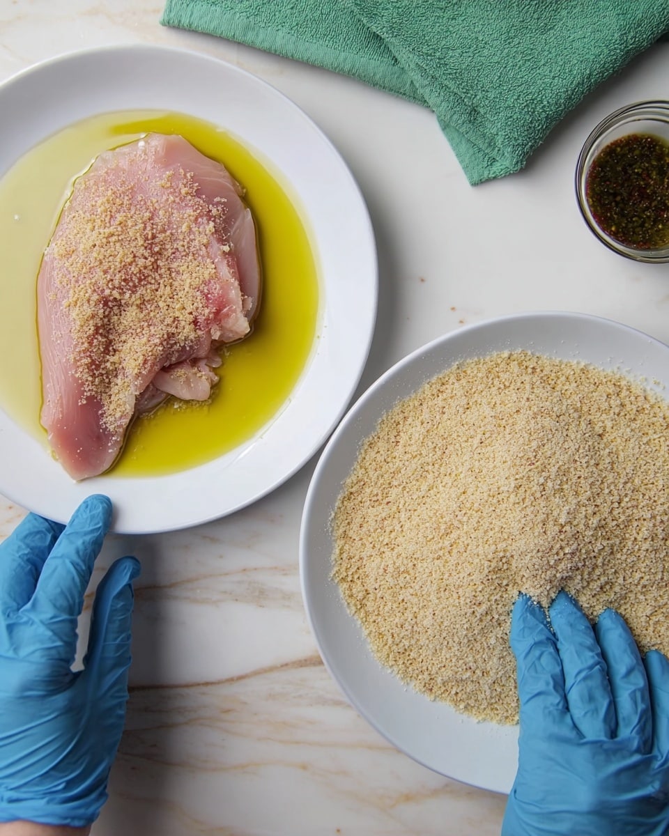 Two white plates sit on a white marbled surface, placed side by side. The left plate holds a single raw piece of pink chicken with light seasoning, partially covered in a pool of yellow olive oil. A woman's hands wearing blue gloves are pressing the chicken into the oil. On the right plate, there is a thick even layer of beige breadcrumbs spread out flat. Above the plates, part of a green cloth napkin and a small round container with a dark sauce can be seen. Photo taken with an iphone --ar 4:5 --v 7