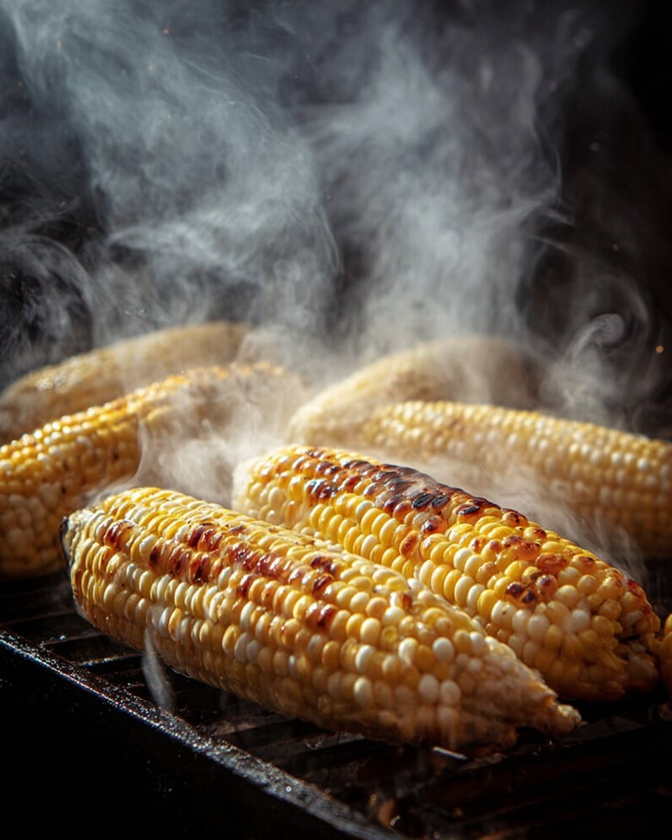 The image shows several ears of corn cooking on a grill with heavy white steam rising all around them. The corn kernels are a mix of pale yellow and light golden colors, with some parts showing brown, charred spots, especially on the ear closest to the front. The texture of the corn looks plump and shiny from the heat, and the steam creates a soft, foggy effect that both obscures and highlights the corn’s surface. The background is dark, making the corn and steam stand out clearly. photo taken with an iphone --ar 4:5 --v 7