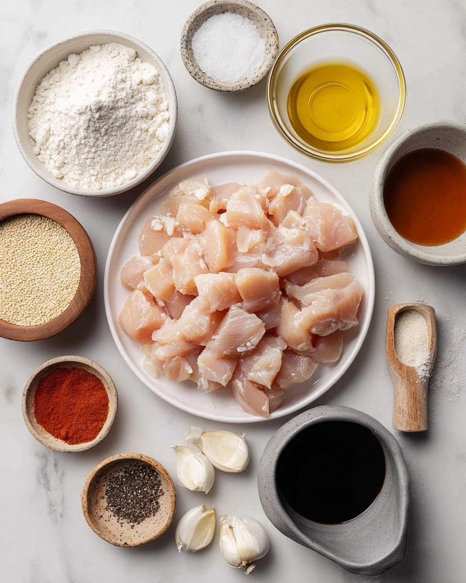 In the center, a white plate holds many pieces of raw chicken cut into medium cubes showing a pale pink color with smooth texture. Around the plate, arranged in a circle on a white marbled surface, are small bowls and cups each holding different ingredients: a white bowl with white flour to the left, a brown wooden bowl with white sesame seeds to the right, a small clear glass bowl with pale yellow oil at the top right, and a small cup filled with a dark soy sauce at the bottom right. There is also a grey cup containing a brown honey-like liquid near the top center, a small white dish with orange vinegar to the bottom left, and a brown measuring spoon with light beige powder beside the white flour. Several garlic cloves are scattered near the bottom of the image along with a small bowl of reddish sauce and a small bowl with white salt and black pepper mixture. photo taken with an iphone --ar 4:5 --v 7