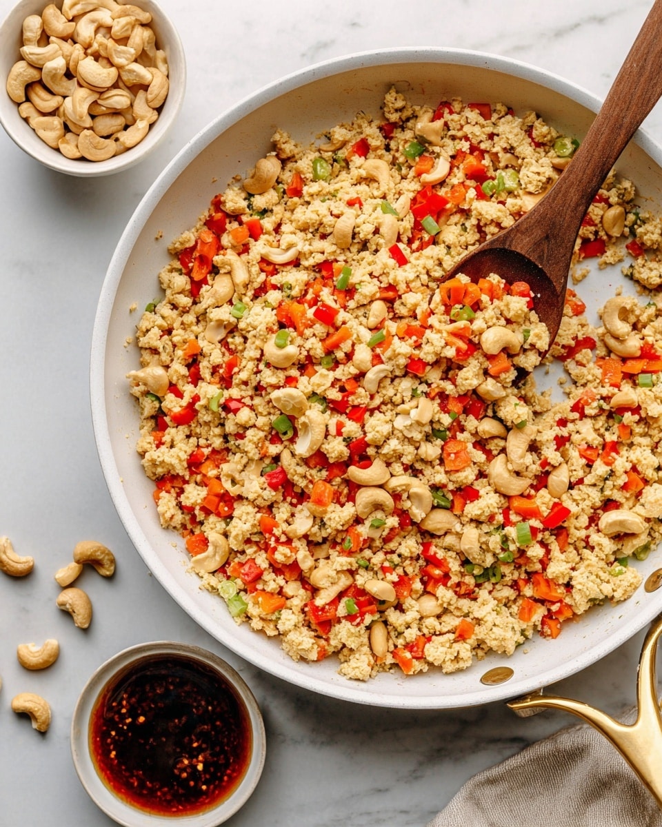In the image, there is a white pan with a gold handle filled with a dish made of small, pale beige crumbled pieces mixed with bright red bell pepper chunks and bits of green herbs or scallions spread evenly throughout. A wooden spoon is placed inside the pan, partly lifting some of the mixture. Near the upper edge of the image are two white bowls, one filled with light-colored cashew nuts and the other with a dark brown sauce containing small bits, both set on a white marbled surface. A few cashew nuts are scattered beside the bowls. Photo taken with an iphone --ar 4:5 --v 7