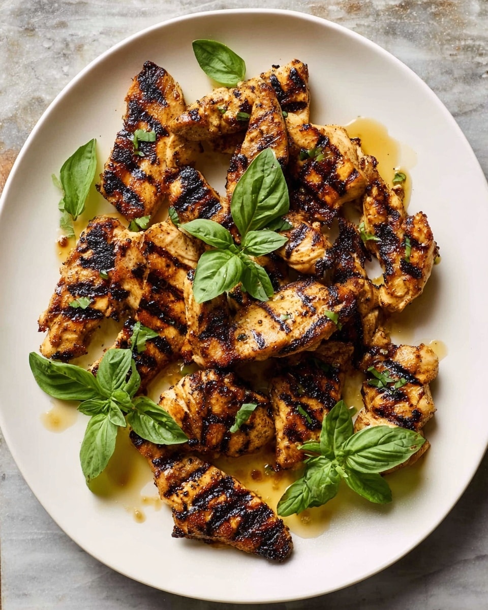 A white plate holds about fourteen pieces of grilled chicken with dark, charred grill marks and a golden-brown color. The chicken pieces are irregular shapes and spread out across the plate with small pools of juice underneath. Bright green fresh basil leaves are placed on top and around the chicken for color contrast. The plate sits on a white marbled surface. Photo taken with an iphone --ar 4:5 --v 7