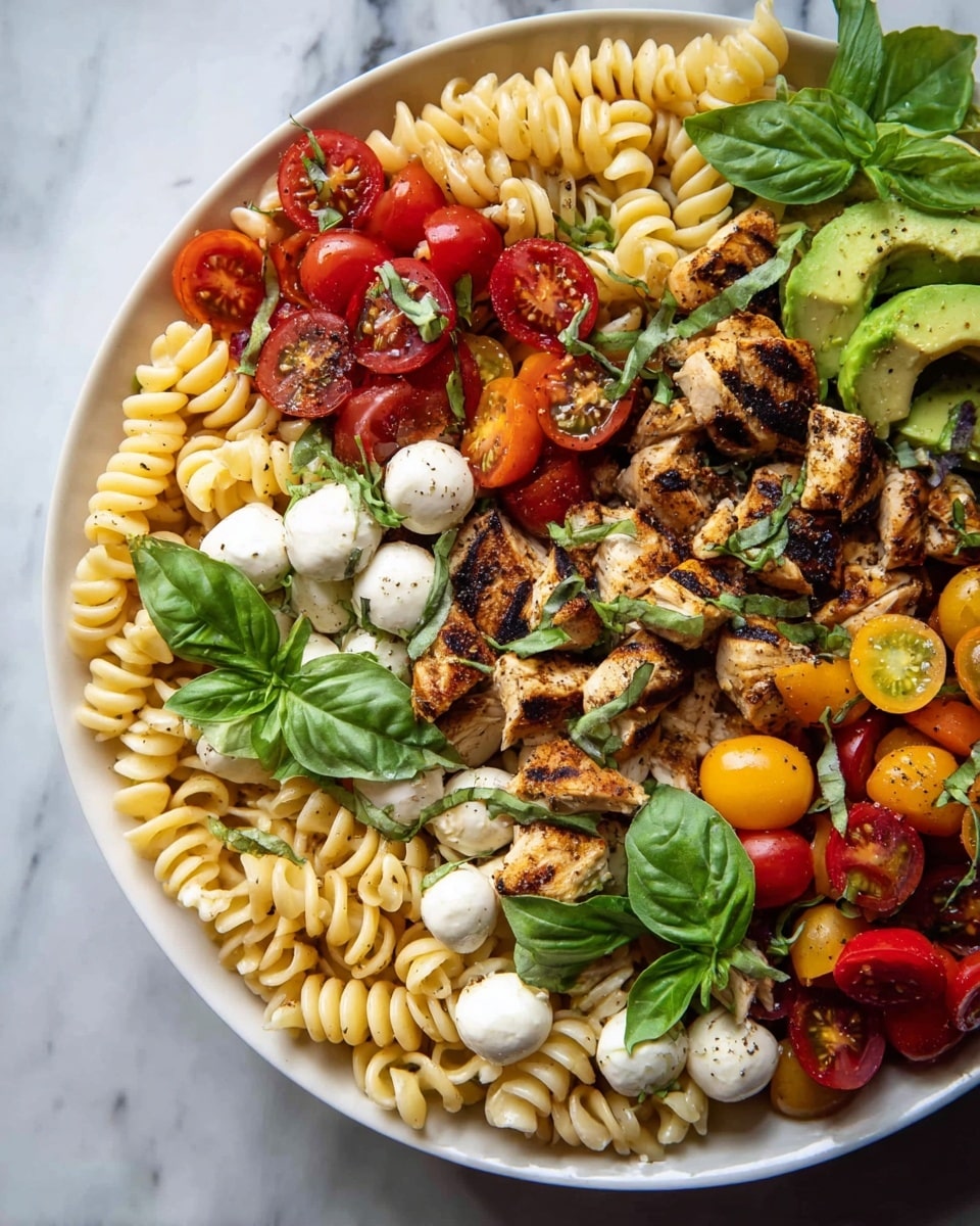 A white plate filled with a colorful pasta salad sits on a white marbled surface, showing several layers: the bottom layer is pale yellow rotini pasta with a slightly firm texture; scattered on top are vibrant red and yellow halved cherry tomatoes adding bright, juicy pieces mostly toward the center; grilled, browned chicken pieces with visible char marks are mixed throughout; small white mozzarella balls resting among the layers add a smooth, soft texture; chunks of bright green avocado are positioned around the edges; fresh green basil leaves are placed on top, adding a touch of freshness; some black pepper seasoning specks are visible over the ingredients. photo taken with an iphone --ar 4:5 --v 7
