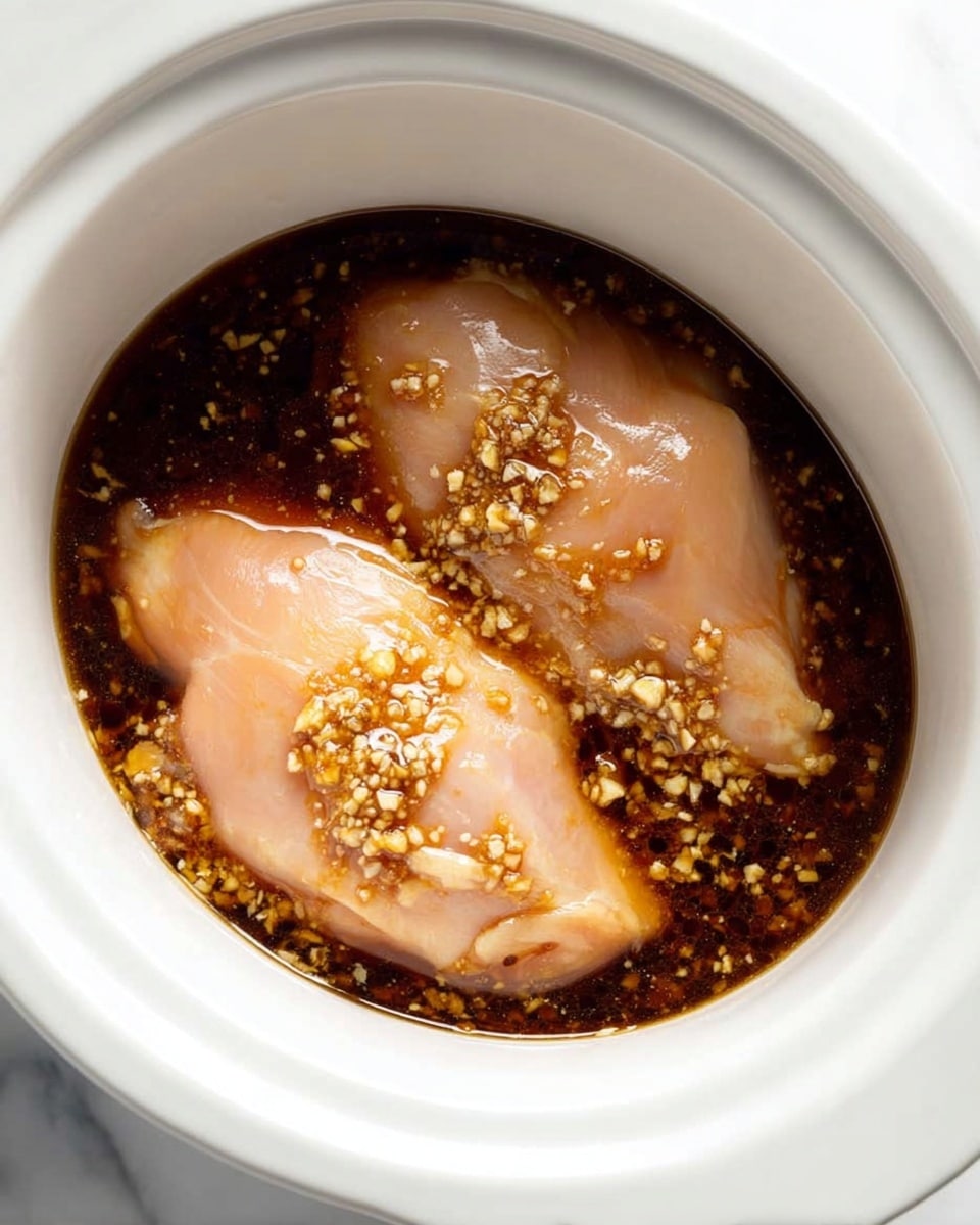 Inside a white slow cooker, two raw chicken pieces lie soaking in a dark brown sauce. The sauce is shiny and thick, covering the surface of the chicken, and small bits of minced garlic are spread evenly on top, giving texture and added color. The chicken breasts are light pink, smooth and glossy, with the sauce pooling gently around them. The slow cooker sits on a white marbled surface in soft natural light. photo taken with an iphone --ar 4:5 --v 7