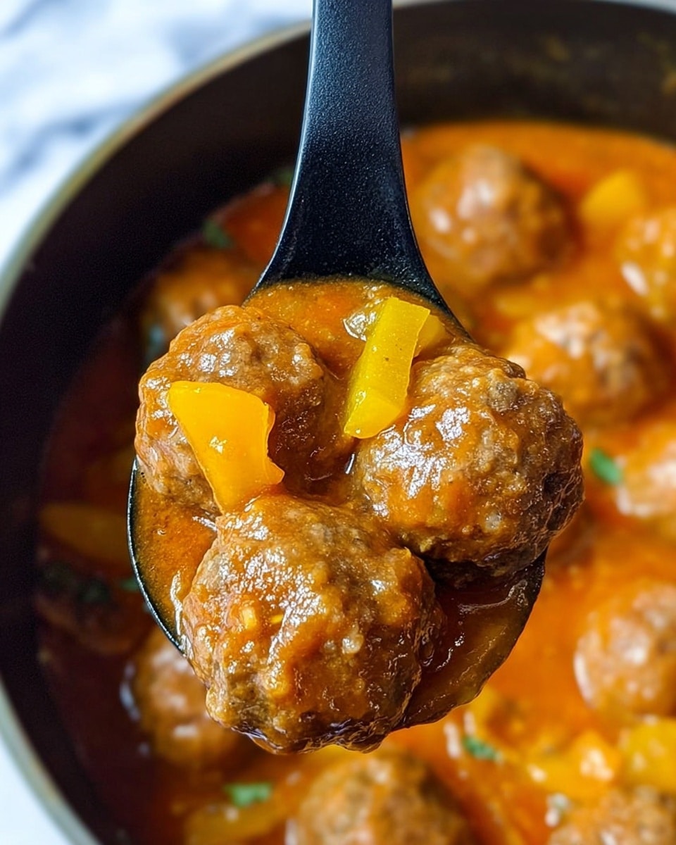 A close-up view of a black spoon holding three round brown meatballs covered in a thick orange-brown sauce with small pieces of bright yellow bell pepper. The spoon is above a pot filled with similar meatballs and pieces of yellow bell pepper in the same sauce. The background is a white marbled texture. photo taken with an iphone --ar 4:5 --v 7