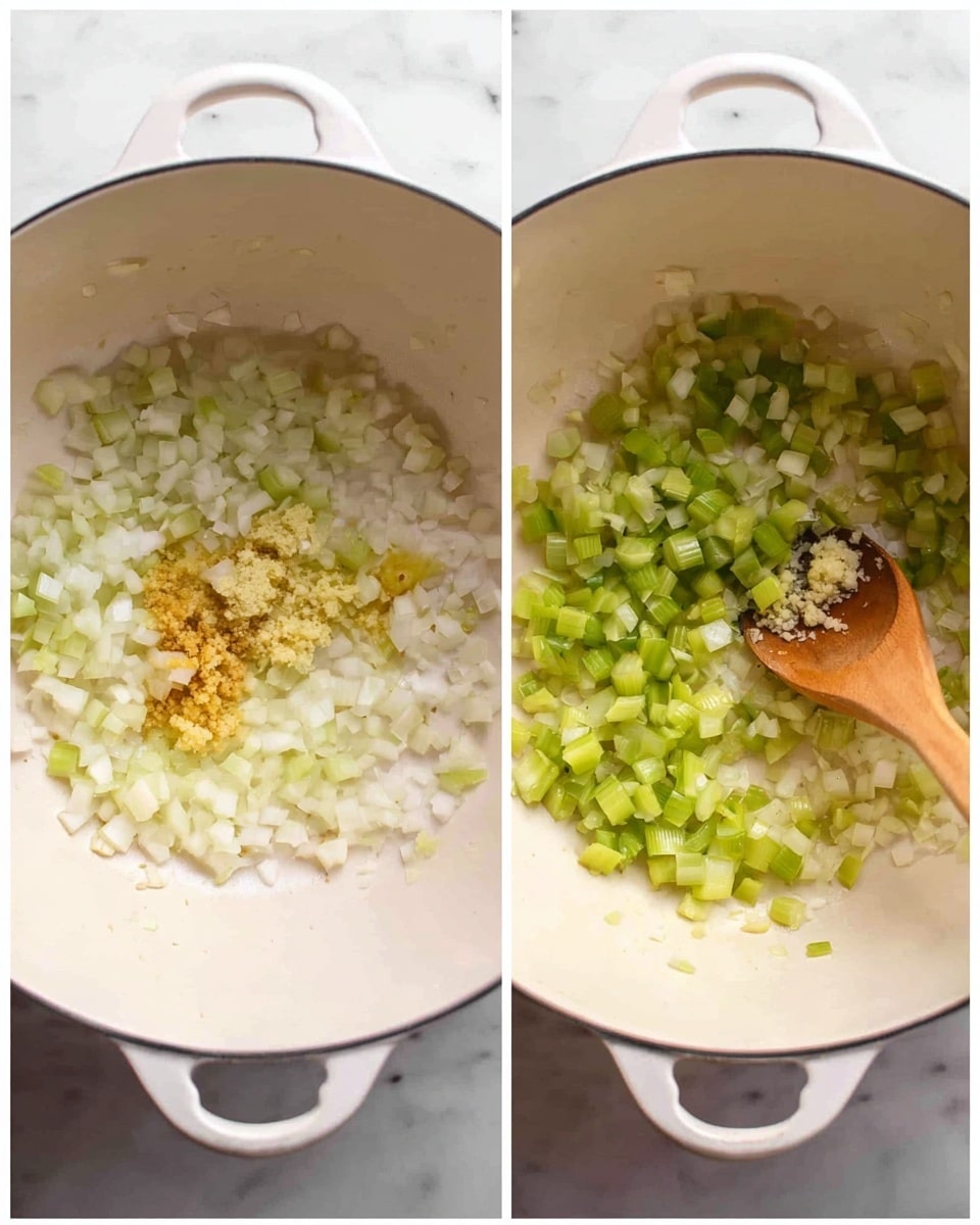 Two images show the cooking process in a white pot on a white marbled surface. In the first image, three layers are visible: a bottom layer of chopped white onions, a middle layer of green celery pieces, and a small pile of minced garlic and ginger placed on top. In the second image, the celery, onions, garlic, and ginger are partly cooked and mixed together with a wooden spoon resting inside the pot, showing a softer texture and a light golden color on some pieces. The white pot and the white marbled surface create a clean, simple background. Photo taken with an iphone --ar 4:5 --v 7