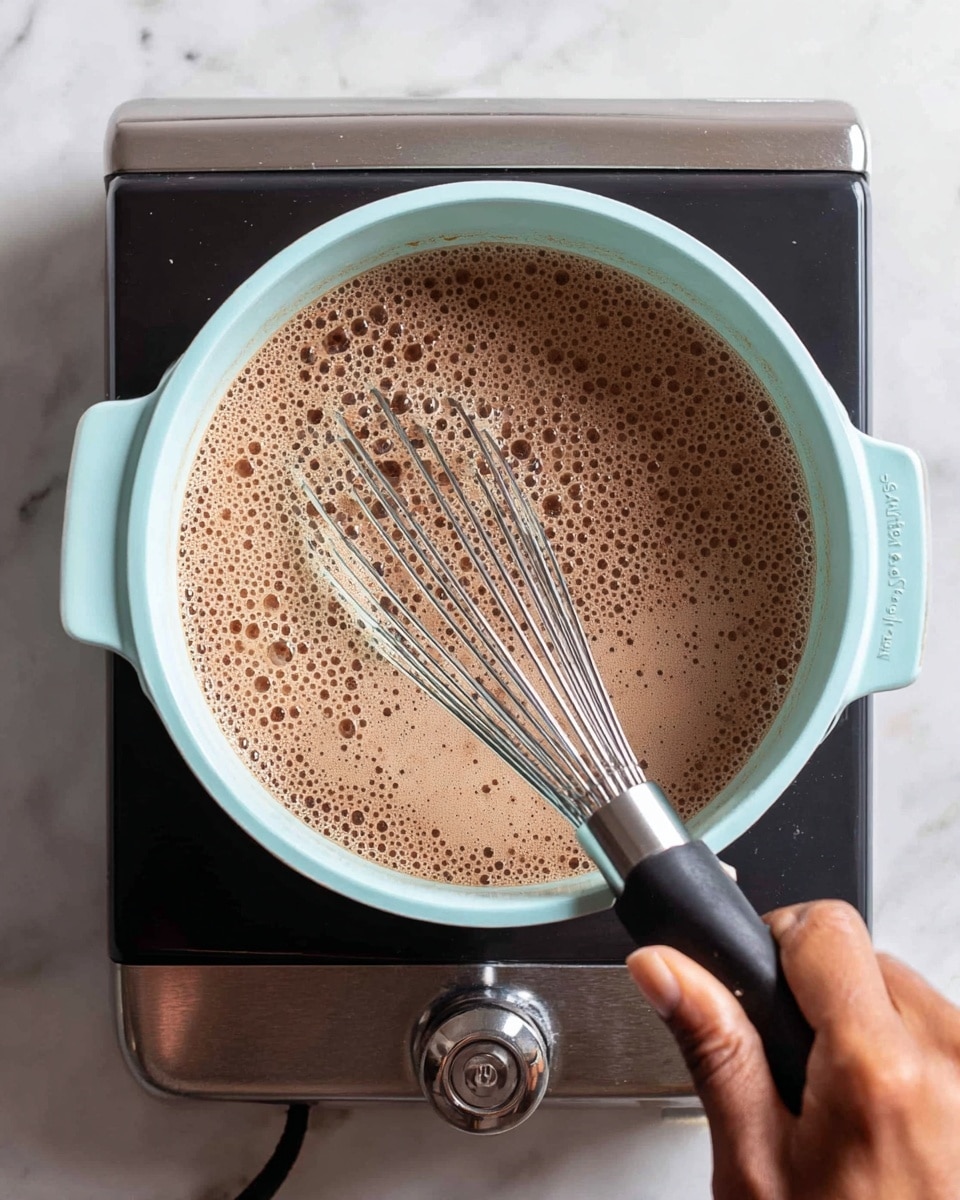 A close top view of a light blue pot filled with one layer of frothy light brown liquid being whisked by a woman's hand holding a black whisk with a silver tip. The pot is placed on a sleek black and silver electric burner on a white marbled surface. The bubbles in the liquid are scattered unevenly, creating a textured surface. Photo taken with an iphone --ar 4:5 --v 7