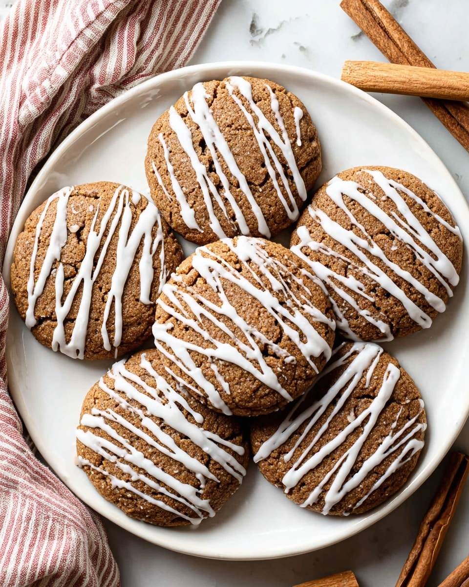 Seven round brown cookies with a slightly cracked surface are arranged on a white plate. Each cookie is drizzled generously with white icing in thin, uneven lines crossing over the top. The plate sits on a white marbled surface with a folded pink and white striped cloth visible on the left side and two cinnamon sticks on the right. The texture of the cookies looks soft with small dark spots within the dough. Photo taken with an iphone --ar 4:5 --v 7