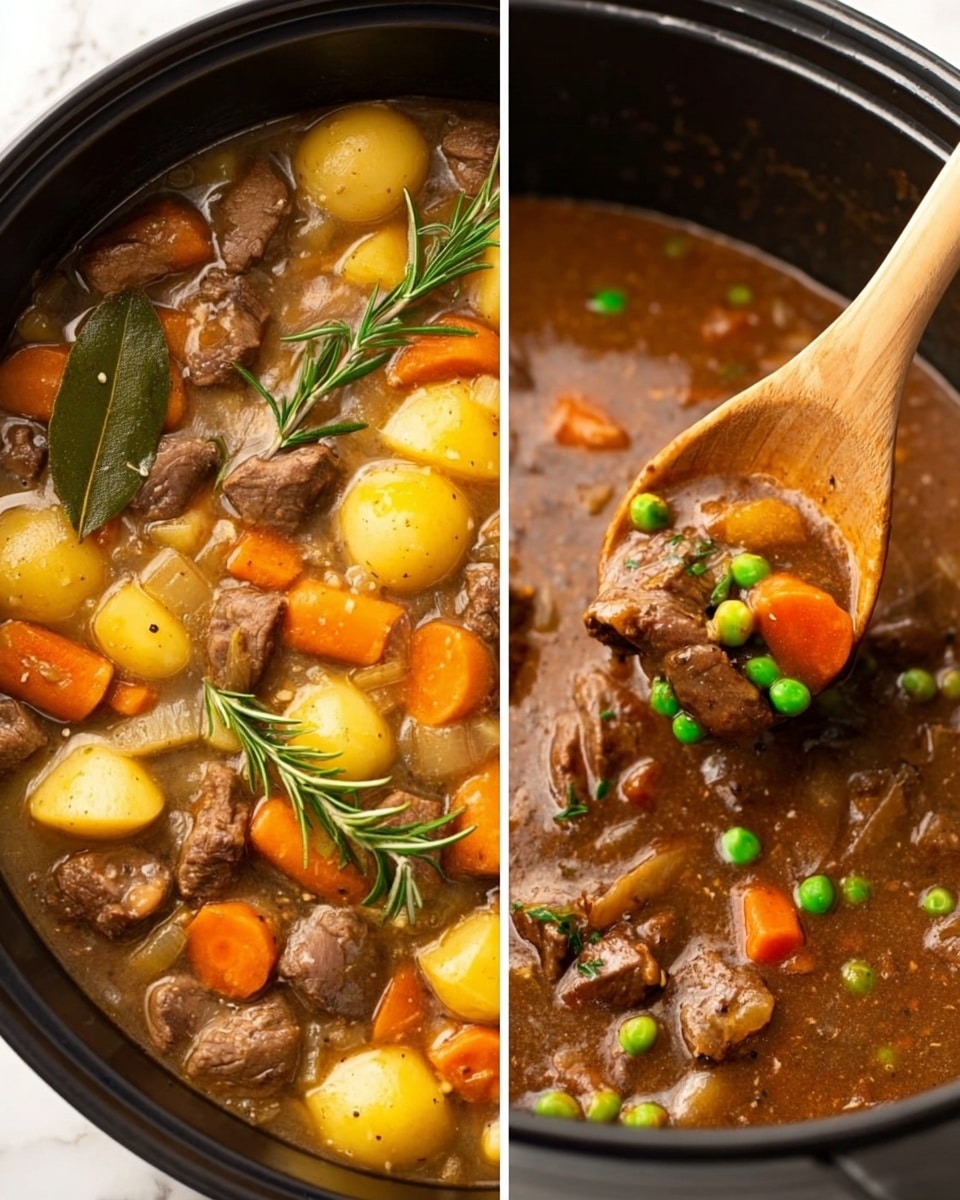 The image shows two close-up views of beef stew in black pots. The left pot has visible chunks of brown beef, light yellow small potatoes, bright orange carrot slices, translucent onion pieces, and is topped with green rosemary and bay leaves, all in a light brown broth. The right pot displays smaller pieces of brown beef mixed with small round yellow potatoes, bright orange carrot cubes, green peas, and finely chopped vegetables in a thicker, darker brown stew. A wooden spoon lifts some stew from the right pot, showing the mix of ingredients. Both pots are on a white marbled surface. Photo taken with an iphone --ar 4:5 --v 7