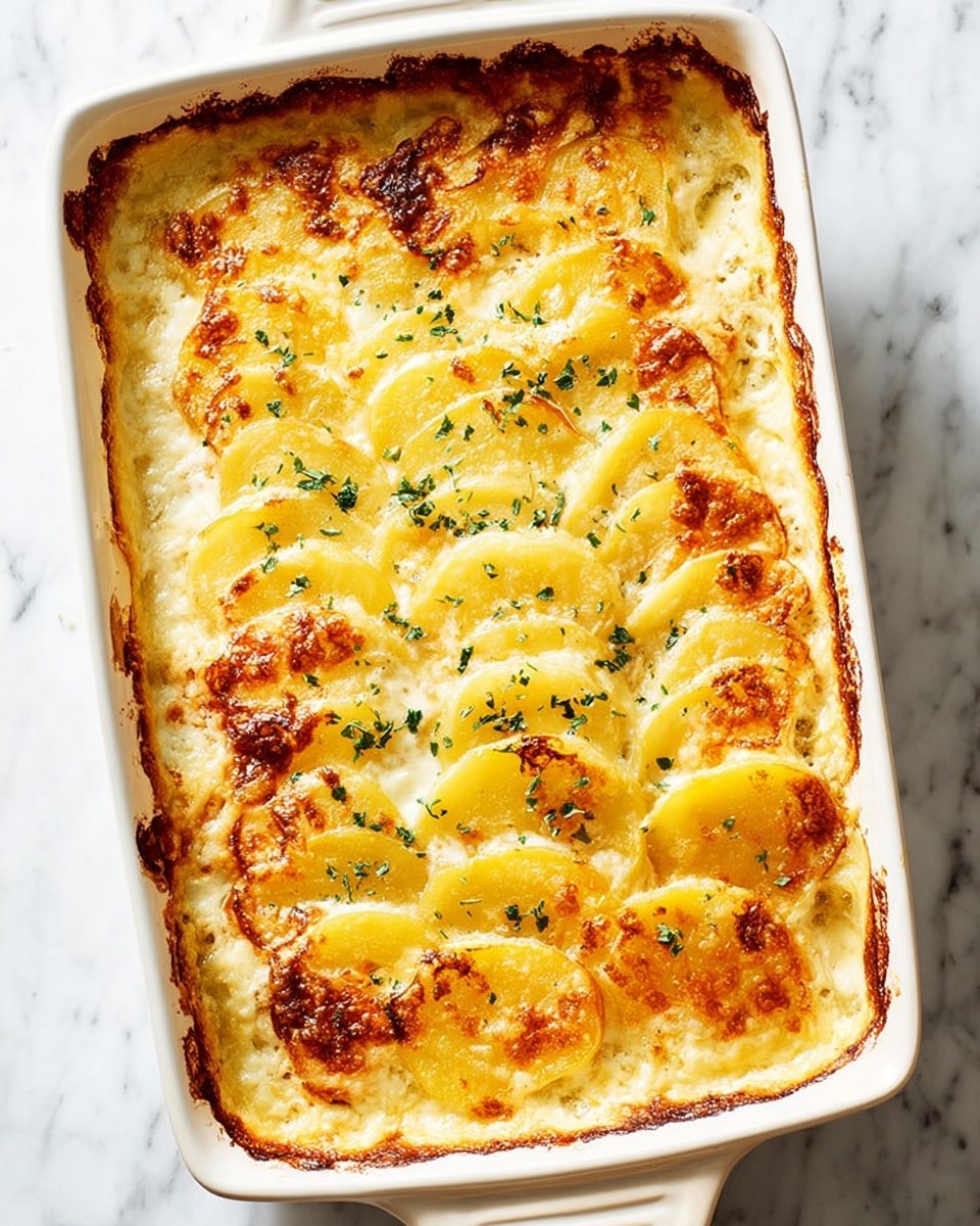 A rectangular white baking dish filled with a creamy layered potato gratin, showing multiple thin, semi-transparent golden-yellow potato slices arranged in neat rows on the top layer. The top has a browned, slightly crispy texture with some darker baked spots and is sprinkled with small green herb bits. The creamy sauce beneath is bubbling slightly around the edges, showing soft pale yellow and off-white colors, and the dish sits on a white marbled surface. Photo taken with an iphone --ar 4:5 --v 7
