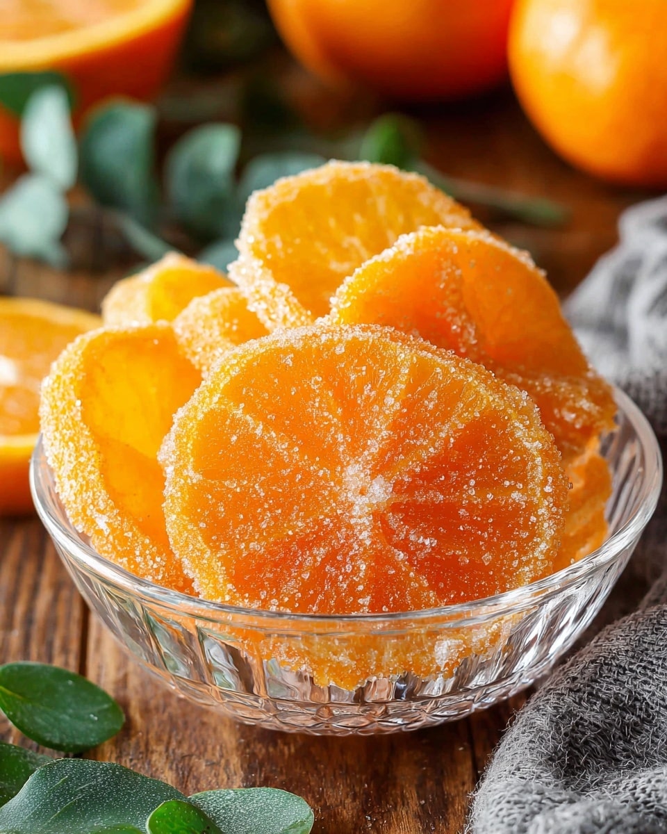 A clear glass bowl filled with bright orange slices, each coated with sugar crystals that give a sparkly texture. The slices are layered unevenly, showing the juicy orange pulp inside, with some slices leaning against the side of the bowl. The bowl sits on a wooden surface with a gray cloth and green leaves nearby, while blurred whole oranges appear in the background. The overall feeling is fresh and sweet, with warm orange tones dominating the image. Photo taken with an iphone --ar 4:5 --v 7