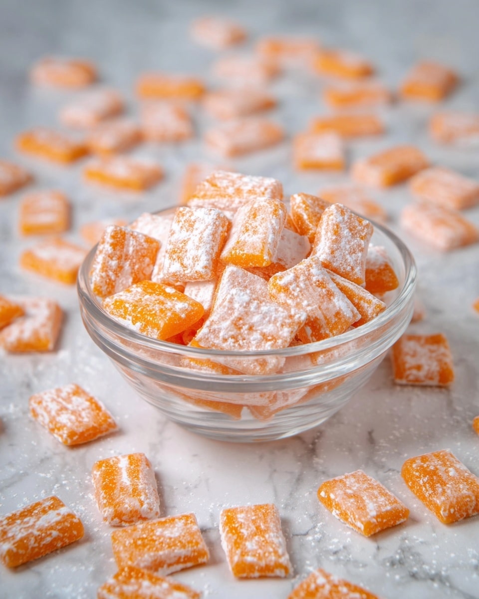 A clear glass bowl filled with small, bright orange candy pieces covered in a white powder, with more candy pieces scattered all around the bowl on a white marbled surface. Each candy piece is rectangular and slightly translucent, showing a smooth texture beneath the white powder coating. The image captures the candies from above with a soft focus on the background pieces, making the bowl and candies in the center sharp and detailed, photo taken with an iphone --ar 4:5 --v 7