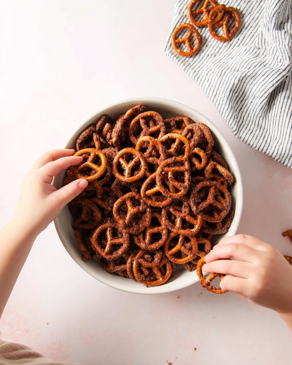 A white bowl full of small pretzels covered in a dark brown spice mix with a rough texture, filling most of the bowl and almost overflowing. Two children's hands are reaching in to grab pretzels—one reaching from the bottom left corner holding a pretzel, and the other from the upper left corner just touching one pretzel on a smooth light pink surface. A white and gray striped cloth is placed near the top right edge, with a few loose pretzels next to it. Photo taken with an iphone --ar 4:5 --v 7