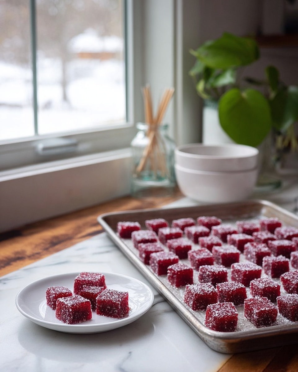 The image shows two rows of small square red jelly candies coated with sugar crystals, neatly arranged on a metal baking tray. Each candy has a rough sugar texture on the outside and a smooth, slightly translucent deep red inside. Nearby, on a white plate, there is a smaller group of four similar jelly candies. In the background, there's a white bowl and a glass jar with toothpicks placed on a wooden surface next to a window with a snowy scene outside. A green houseplant sits in the corner on the right. The surface beneath the tray is a white marbled texture. photo taken with an iphone --ar 4:5 --v 7