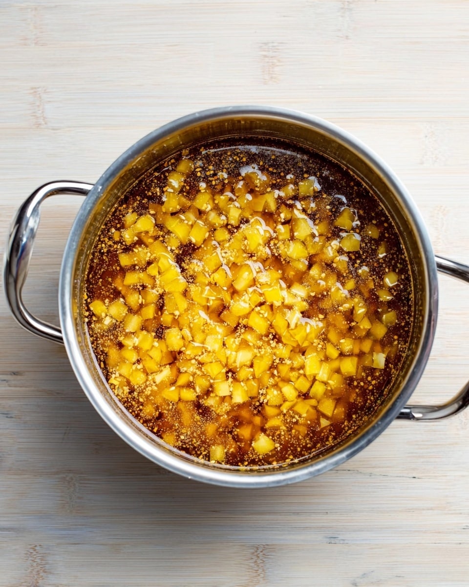 A shiny silver pot with two handles is filled with a warm brown liquid that has many small yellow seeds floating in it. On top, there are many small, bright yellow chunks, all evenly spread out and slightly shiny, giving a soft, tender look. The pot sits on a white marbled surface, with a clean and simple background. The light reflects slightly on the pot, showing its smooth metal texture. photo taken with an iphone --ar 4:5 --v 7