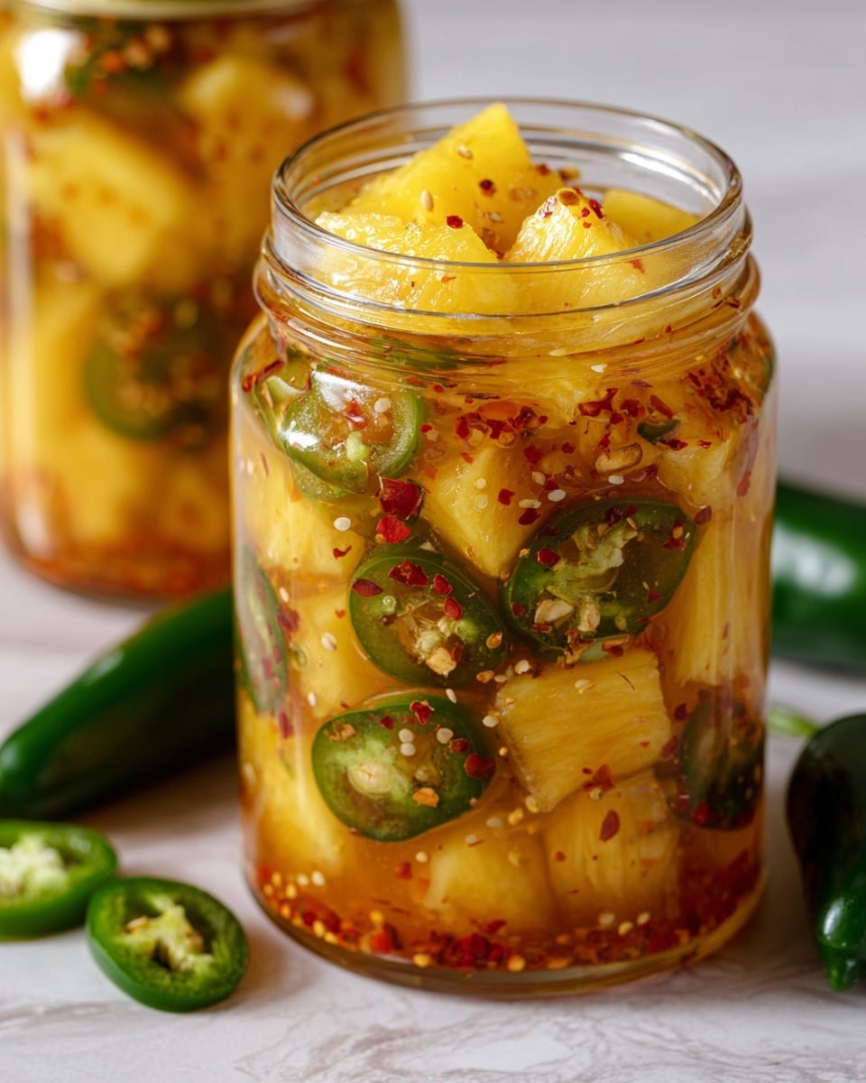 A clear glass jar filled with layers of yellow pineapple chunks mixed with green jalapeño slices and small mustard seeds, all soaked in a light orange pickling liquid with red chili flakes spread throughout. The jar is open, showing the textures of juicy pineapple and the rough seeds and spices inside. Behind it, there is another sealed glass jar with similar contents. The jars sit on a white marbled surface with some green jalapeños nearby. The focus is sharp on the front jar, highlighting the bright colors and textures of the fruit and spices, photo taken with an iphone --ar 4:5 --v 7