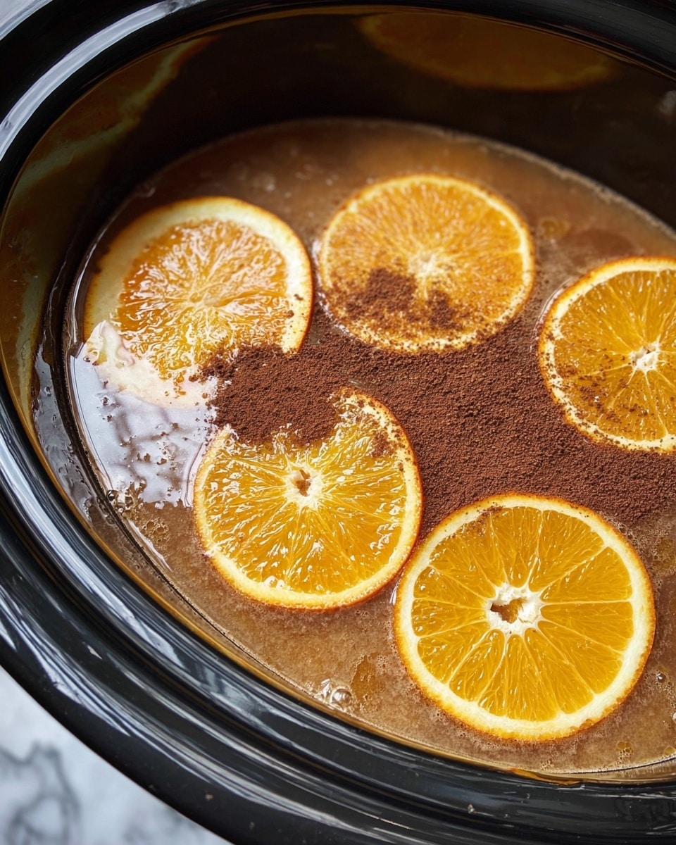 This image shows a black slow cooker filled with a light brown liquid with a shiny surface. Four round orange slices float on top, each showing a bright orange and yellow color with a visible peel and inner segments. Around the oranges, there is a dusting of dark brown powder scattered softly on the liquid's surface. The slow cooker sits on a white marbled texture. photo taken with an iphone --ar 4:5 --v 7