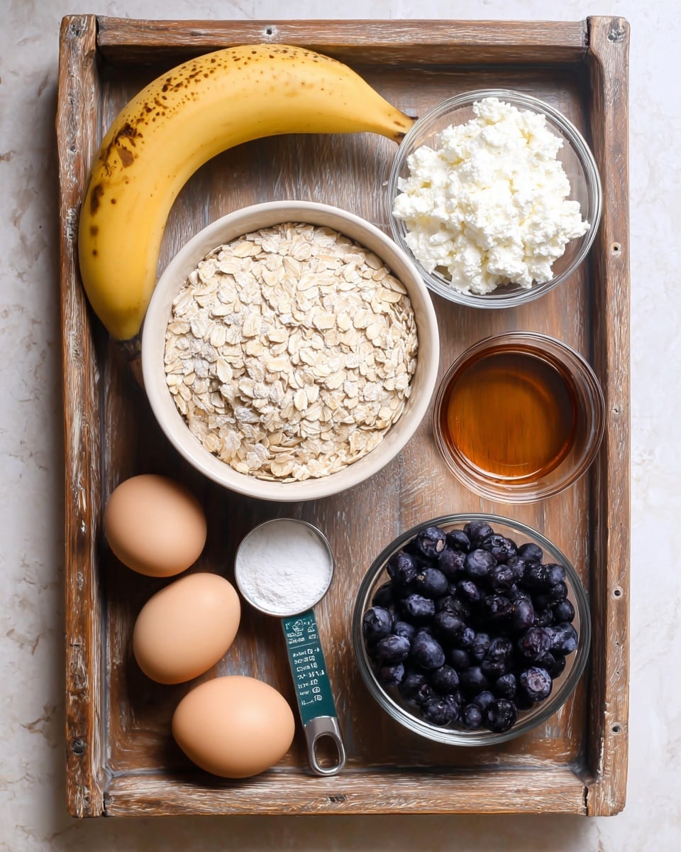 A white bowl filled with light beige rolled oats sits near the center on a rustic wooden tray with a warm brown tone. To the top left of the oats, there is a bright yellow ripe banana with some brown spots. A clear glass bowl filled with white cottage cheese is placed to the top right. Below the oats, three brown eggs are lined up on the tray, and next to them is a small silver measuring spoon with a green label holding white powder. Near the center right, a metal measuring cup with a warm amber liquid is present. At the bottom right, a clear bowl holds many dark blue blueberries. The tray rests on a white marbled surface. Photo taken with an iphone --ar 4:5 --v 7