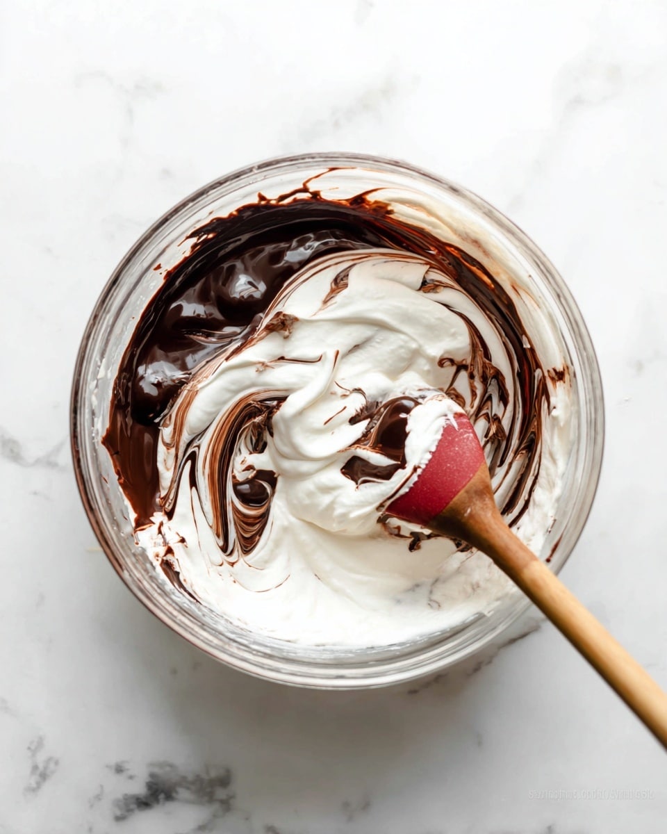 A clear glass bowl sits on a white marbled surface, filled with thick fluffy white cream swirled with rich dark chocolate sauce creating a marbled pattern. A wooden spoon with a red silicone tip is partially dipped into the mixture on the right side of the bowl. The cream and chocolate layers blend softly together, showing smooth and light texture with swirls of dark brown through the bright white. photo taken with an iphone --ar 4:5 --v 7