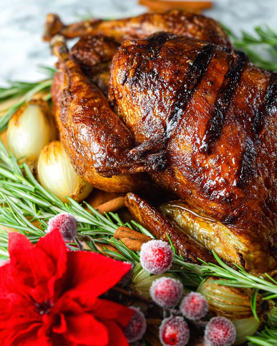 A whole roasted bird with a shiny dark brown skin is shown close up, its crisp surface marked with grill-like lines. The bird sits on a bed of green rosemary stalks and pale roasted onions, with two brown cinnamon sticks and a few frosted red berries nearby. A bright red flower adds a bold splash of color in the front. The background is a white marbled texture. photo taken with an iphone --ar 4:5 --v 7