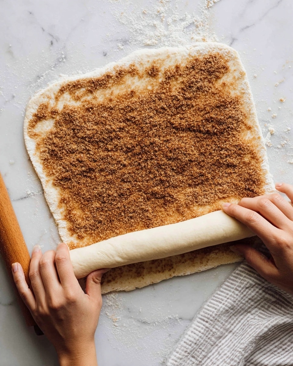 A pair of woman's hands is rolling a rectangle dough starting from the bottom edge. The dough is light beige and spread thin on a white marbled surface, covered almost fully with a layer of brown cinnamon and sugar mix that has a grainy texture. A wooden rolling pin is partially visible at the bottom left corner, and a light gray striped cloth sits at the bottom right. The dough edges are slightly thicker, creating a soft border as it is rolled up. Photo taken with an iphone --ar 4:5 --v 7