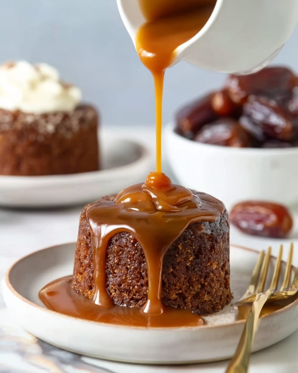 The image shows a small round dark brown cake placed on a white plate with a slightly raised edge, sitting on a white marbled surface. The cake has a moist texture and is being covered with a thick, shiny golden caramel sauce pouring from a white container above, flowing over the top and dripping down the sides. To the right of the cake, there is a gold fork resting on the plate. In the blurred background, another cake with white cream topping and a white bowl filled with brown dates are visible. Photo taken with an iphone --ar 4:5 --v 7