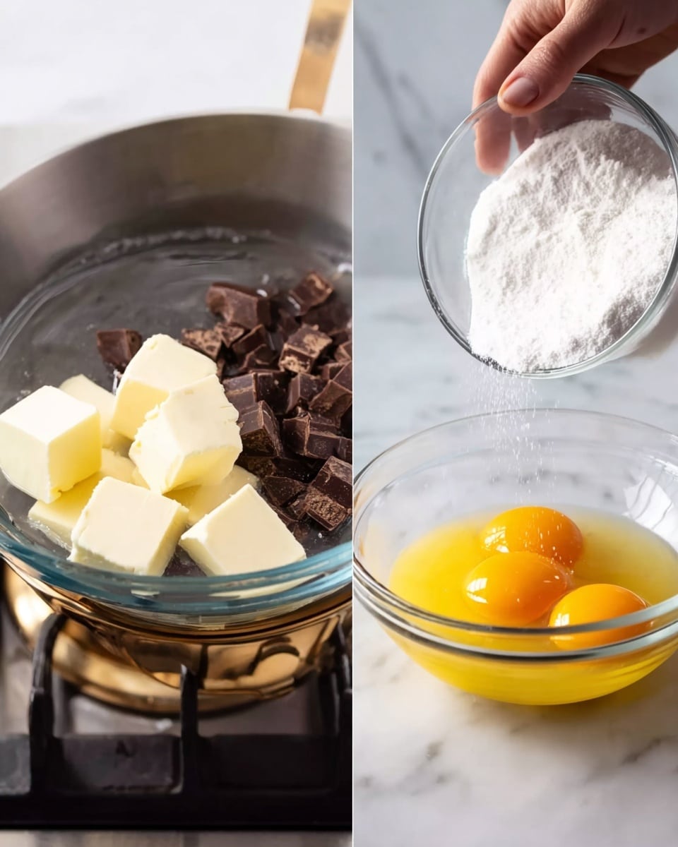 The image shows two clear glass bowls with ingredients. On the left, a bowl holds white butter cubes and dark chocolate chunks melting over a pot of boiling water on a stove with a visible brass handle. Above, a woman's hand is steadying the bowl. On the right, a glass bowl contains four bright yellow egg yolks, and white sugar is being poured in from a clear glass container. The backdrop is a white marbled surface. photo taken with an iphone --ar 4:5 --v 7