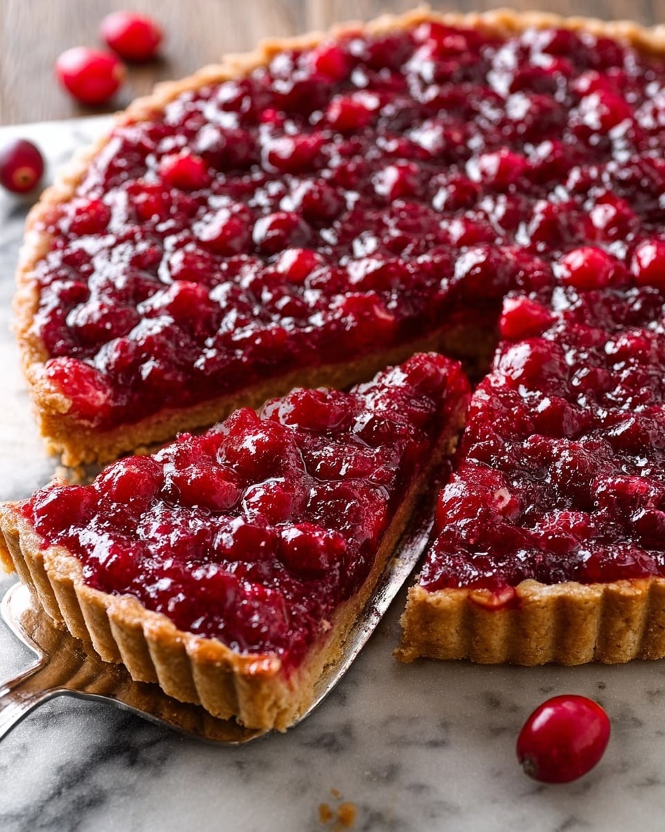 A round tart with a golden brown crust holding a thick layer of shiny, bright red cranberry topping with whole cranberries scattered throughout. The tart is sliced, with one slice slightly lifted by a silver spatula, showing the crust's firm edges and the rich, textured cranberry layer above it. There are a few fresh cranberries placed casually around the tart on the white marbled surface. The photo was taken with an iphone --ar 4:5 --v 7
